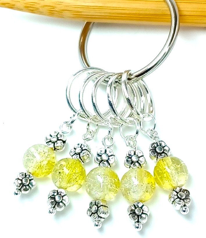 MikieLou Stitch Markers Yellow Crackle Glass & Flowers