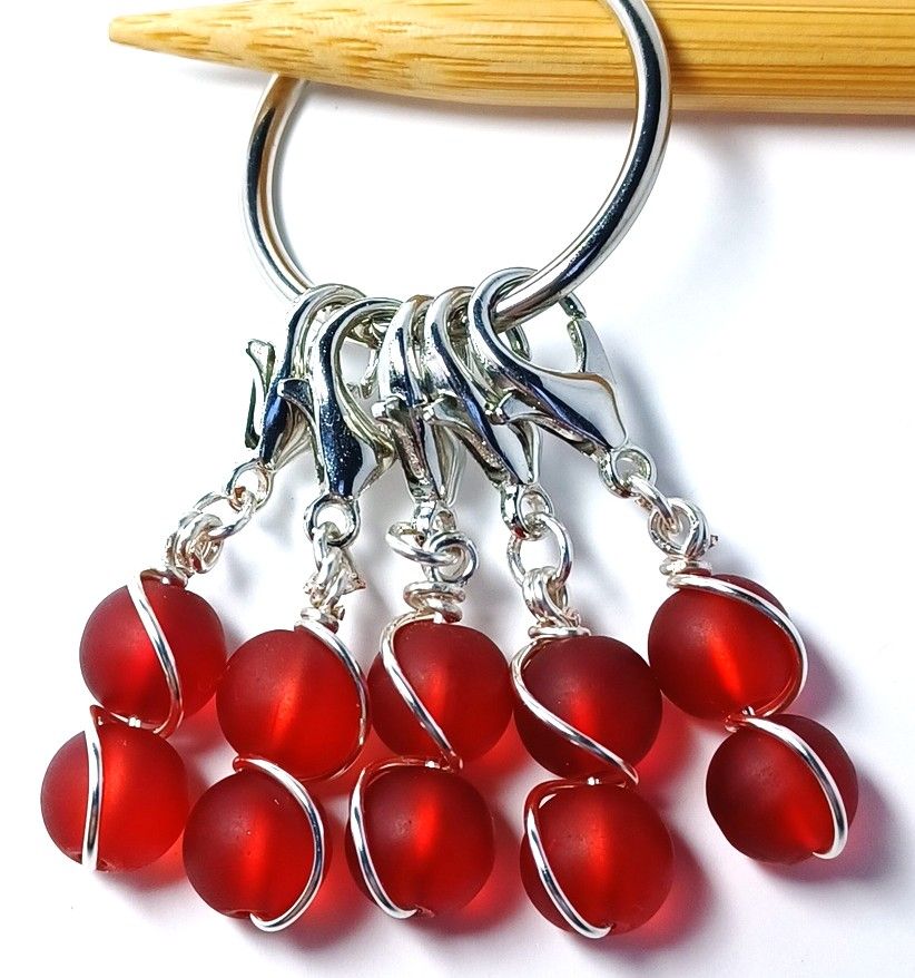 MikieLou Stitch Markers Frosted Glass Wire Wrapped Red